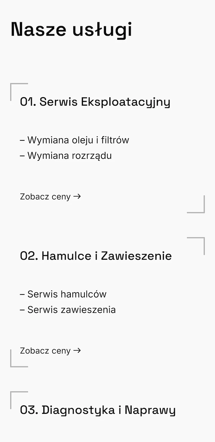 Zrzut ekranu przedstawiający minimalistyczne karty prezentujące ofertę usług warsztatu.