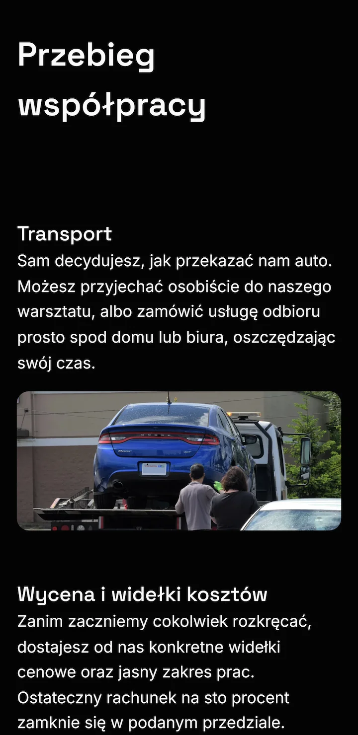 Zrzut ekranu przedstawiający naprzemienny układ kroków z etapami naprawy samochodu.