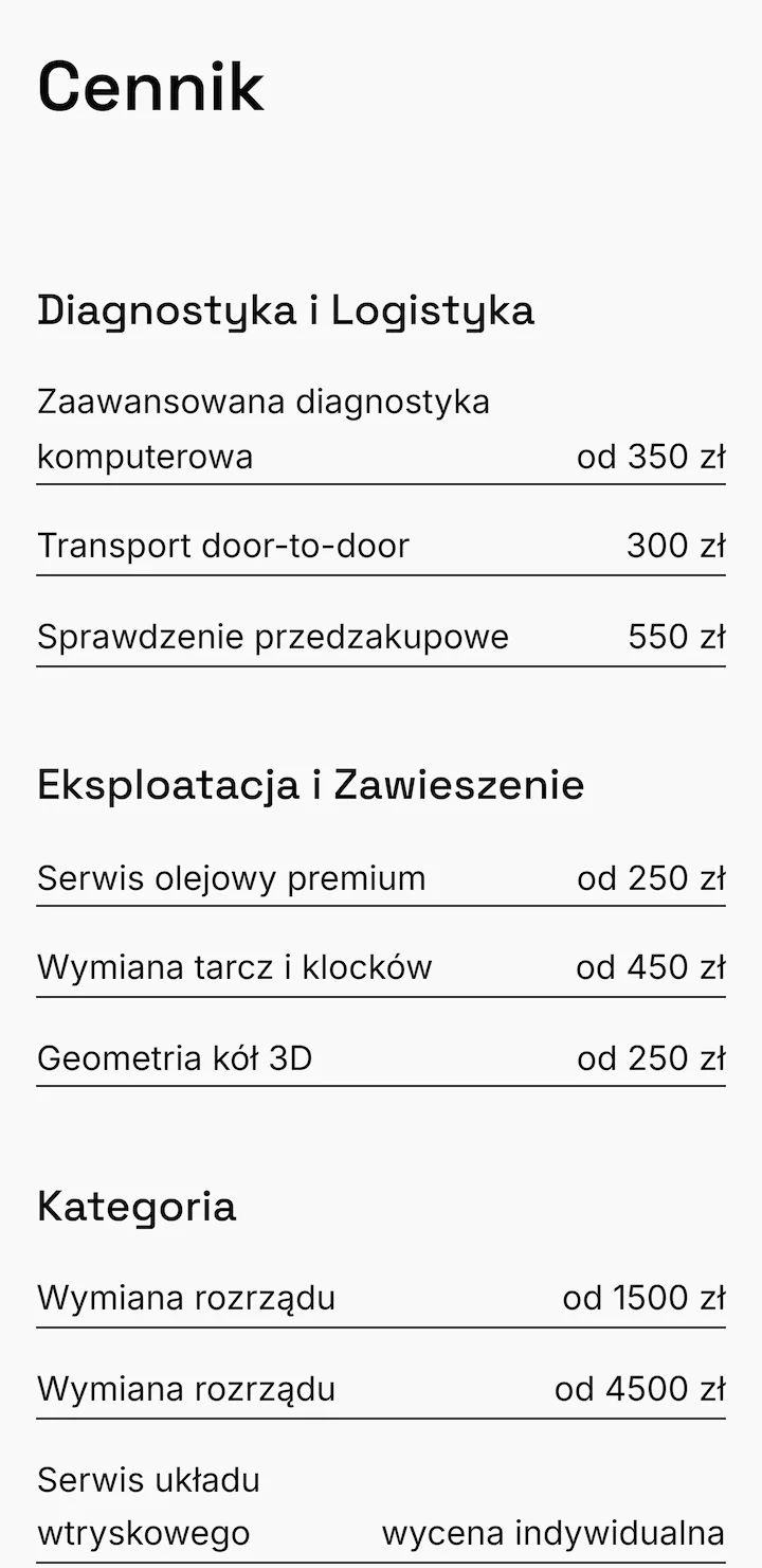 Zrzut ekranu przedstawiający przejrzysty układ cennika usług mechanicznych.