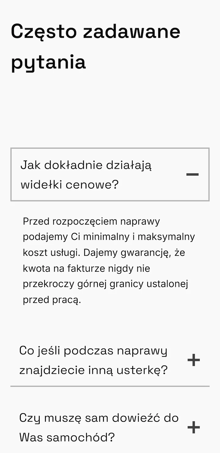 Zrzut ekranu projektu sekcji pytań i odpowiedzi stworzonego z myślą o poprawie konwersji klienta.