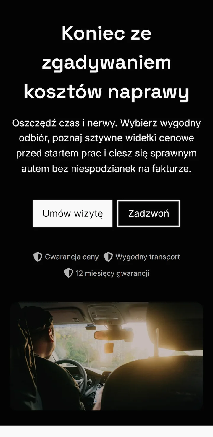 Zrzut ekranu z estetycznym wezwaniem do działania zachęcającym do rezerwacji wizyty w warsztacie.