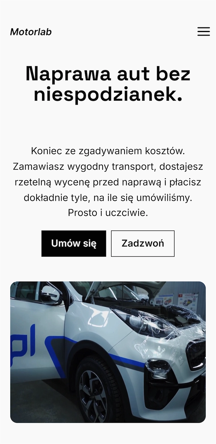 Zrzut ekranu prezentacji sekcji hero z tłem wideo w projekcie witryny dla warsztatu samochodowego.