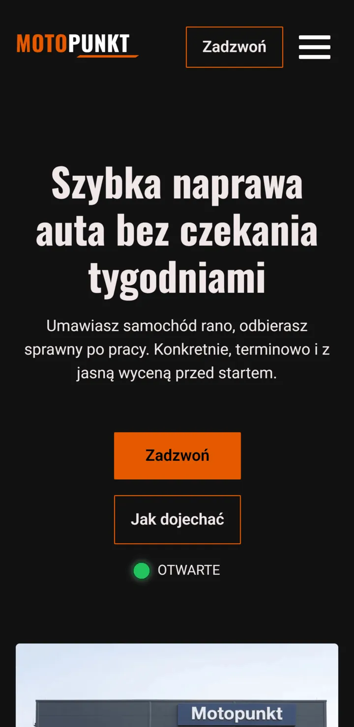 Nowoczesna strona internetowa dla warsztatu samochodowego Motopunkt wyświetlana na telefonie