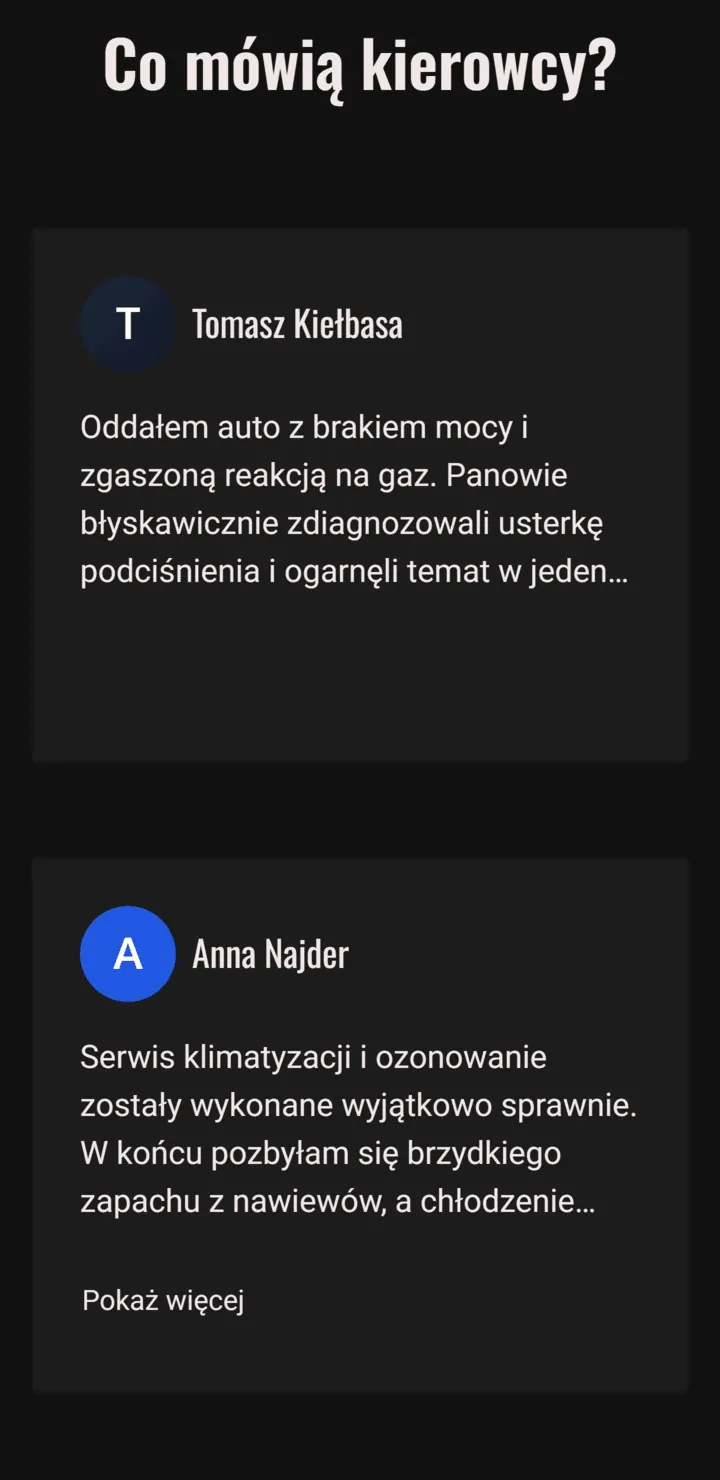 Sekcja z opiniami klientów (fikcyjnymi) na mobilnej stronie warsztatu