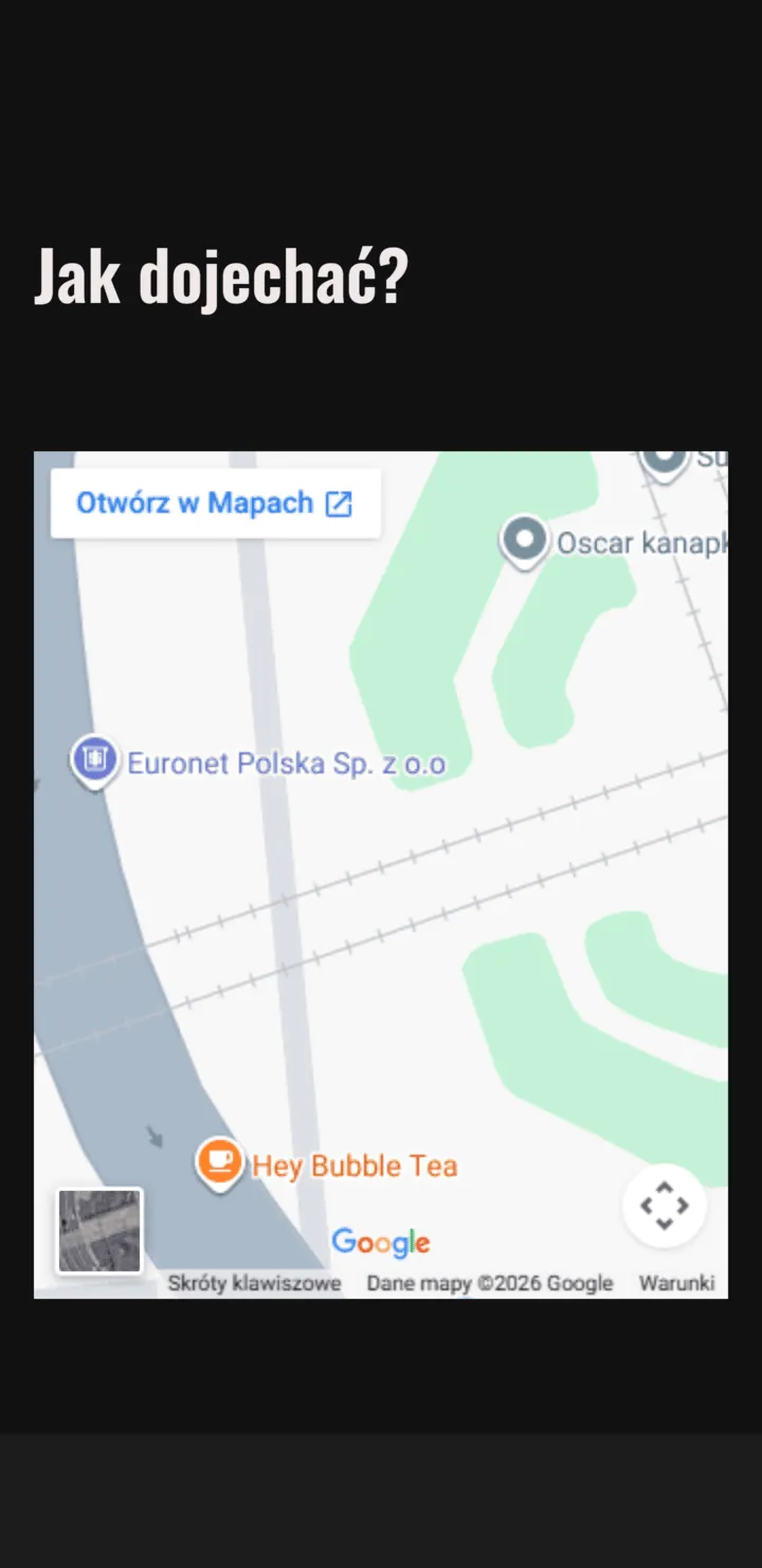 Sekcja z mapą i dojazdem (fikcyjna lokalizacja) na stronie serwisu