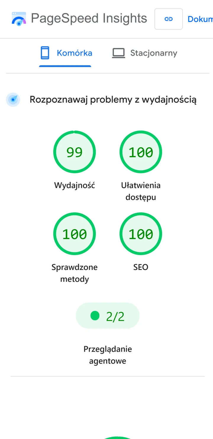Wynik 99 w wydajności oraz 100 w dostępności, dobrych praktykach i SEO w PageSpeed Insights